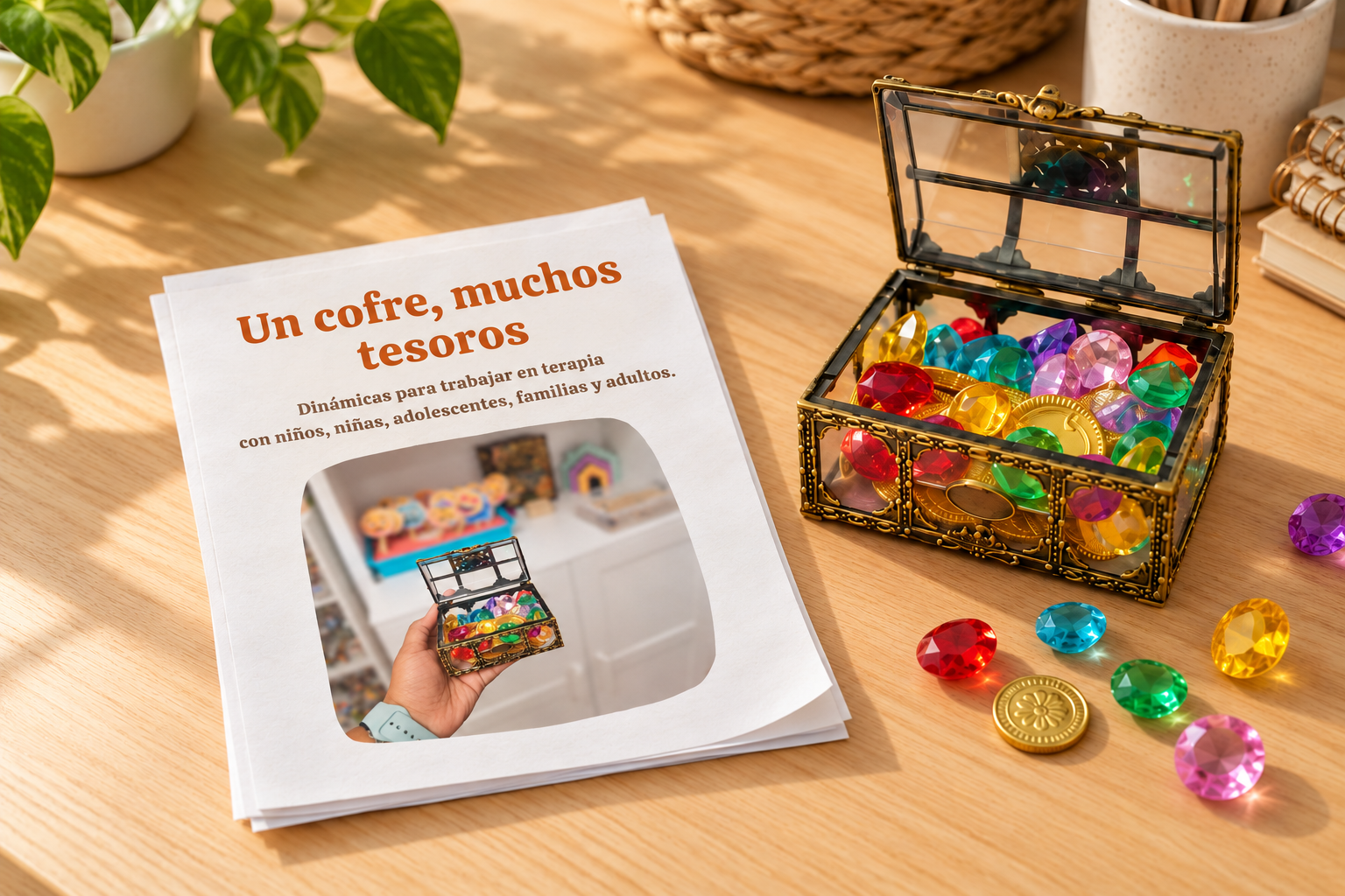 Un cofre, muchos tesoros · Guía gratuita imprimible | La mochila de Vandi Guía Un cofre, muchos tesoros junto a un cofre abierto con gemas y monedas de colores