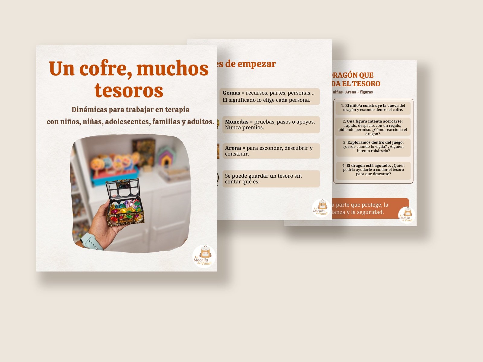 Un cofre, muchos tesoros · Guía gratuita imprimible | La mochila de Vandi Vista previa de la portada y de dos páginas interiores de la guía Un cofre, muchos tesoros